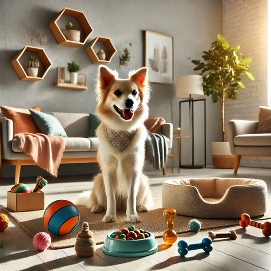 A happy dog in a stylish, cozy living room surrounded by interactive toys, a comfortable bed, and high-quality treats. The room features warm tones, a potted plant, and natural sunlight streaming in, symbolizing the joy and benefits of pampering your pet.