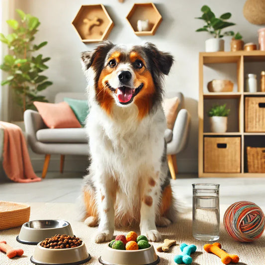 Happy, healthy dog sitting in a cozy, well-lit home with dental care toys, healthy treats, and calming décor, representing proper pet care and debunking common dog myths