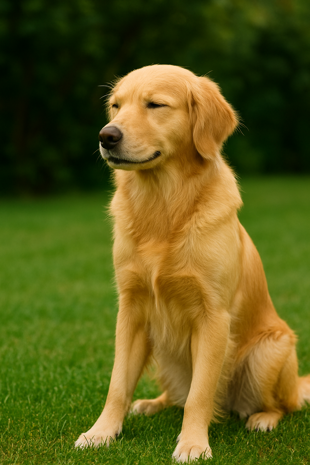 Golden retriever sitting peacefully on a grassy lawn with a calm expression, symbolizing relaxation and emotional well-being in dogs.