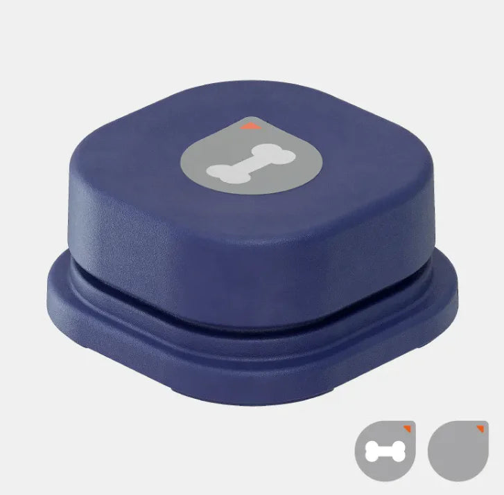 Compact and durable pet button for communication, available in orange, blue, gray, and yellow.