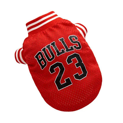 Stylish pet apparel showcasing breathable mesh basketball jerseys in red, green, yellow, blue, and pink options.