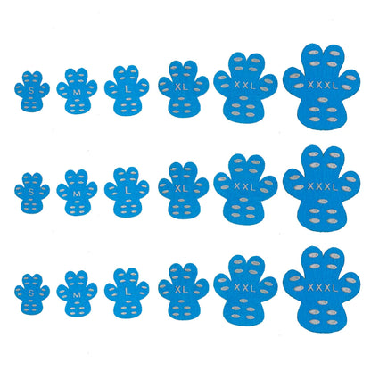 Blue paw-shaped non-slip pet stickers in various sizes from S to XXXL, arranged in rows.