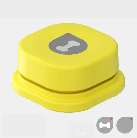 Compact and durable pet button for communication, available in orange, blue, gray, and yellow.