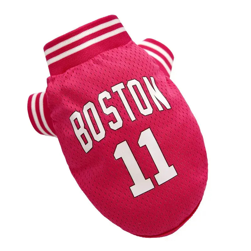 Collection of colorful pet basketball jerseys featuring team-inspired designs in yellow, red, green, blue, and pink for small pets. Boston Number 11