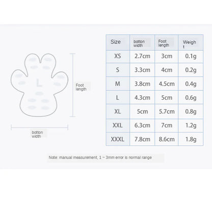 Blue paw-shaped non-slip pet stickers in various sizes from S to XXXL, arranged in rows.